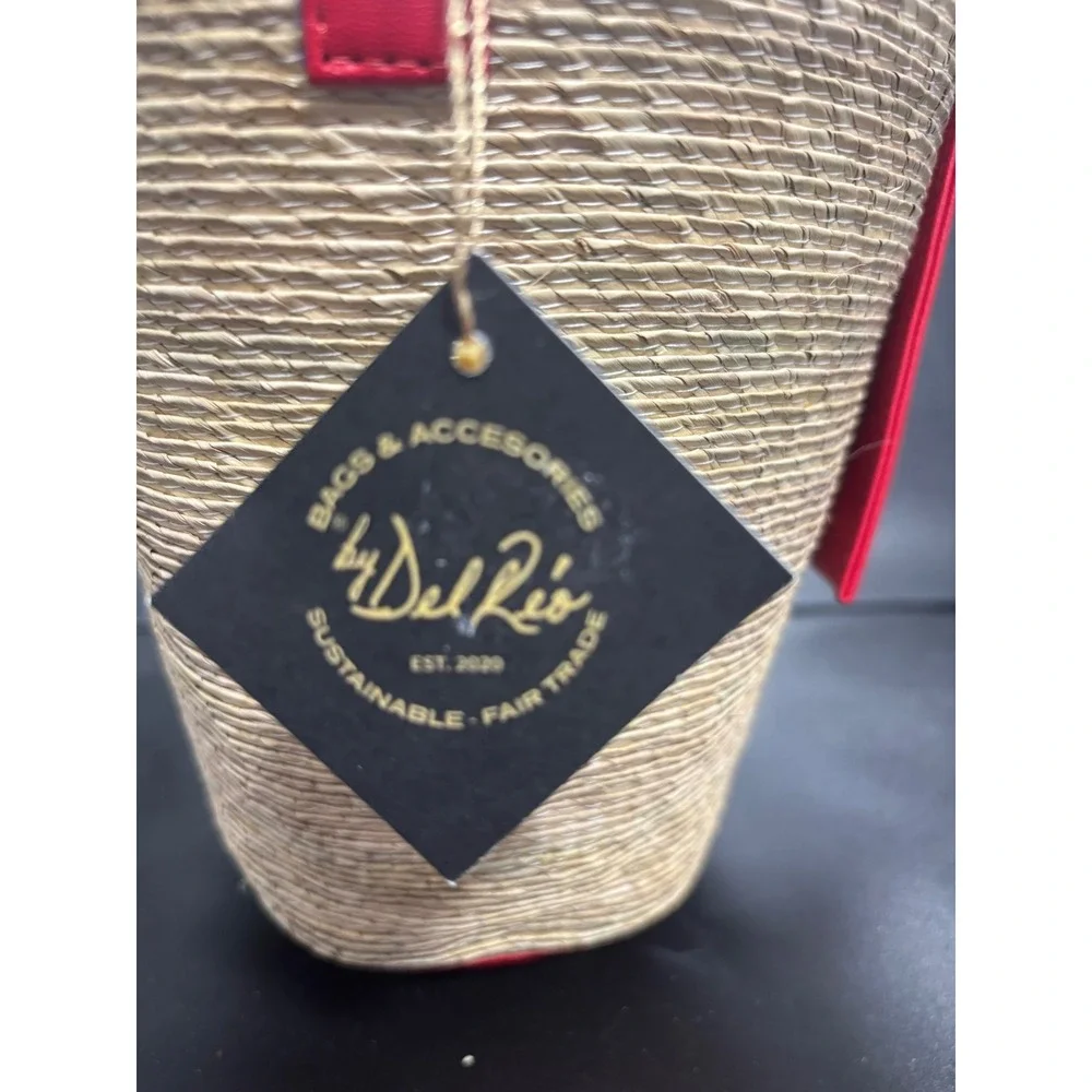 By Del Rio Straw Tote Bag Red‎ Faux Leather Trim Crossbody Strap NWT 00-157